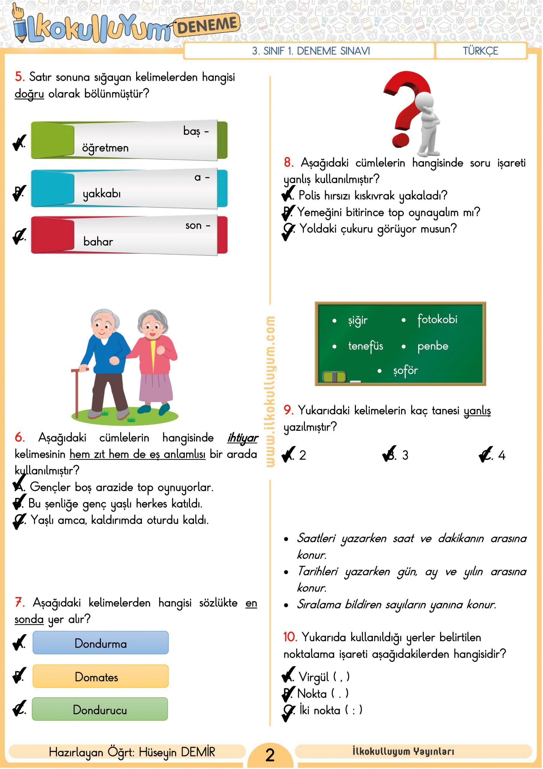 3. SINIF 1. DENEME SINAVI (ETKİLEŞİMLİ VE CEVAP ANAHTARLI) | İlkokulluyum