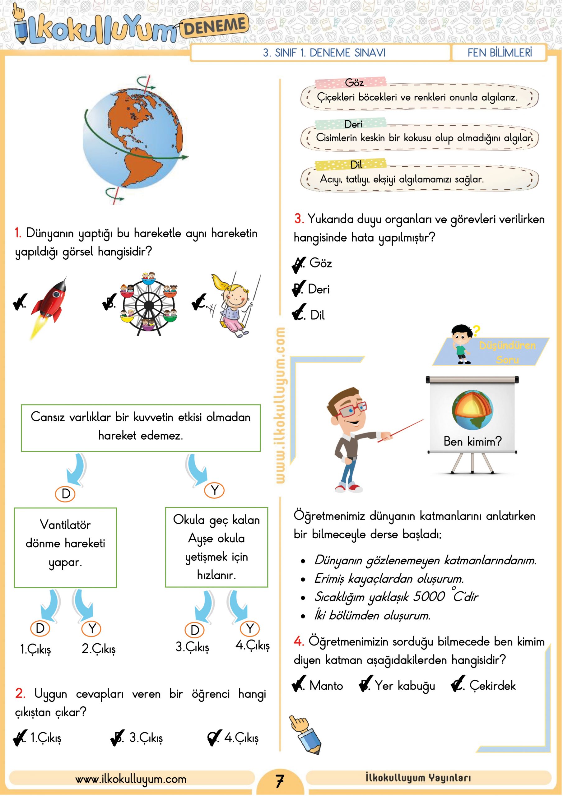 3. SINIF 1. DENEME SINAVI (ETKİLEŞİMLİ VE CEVAP ANAHTARLI) | İlkokulluyum