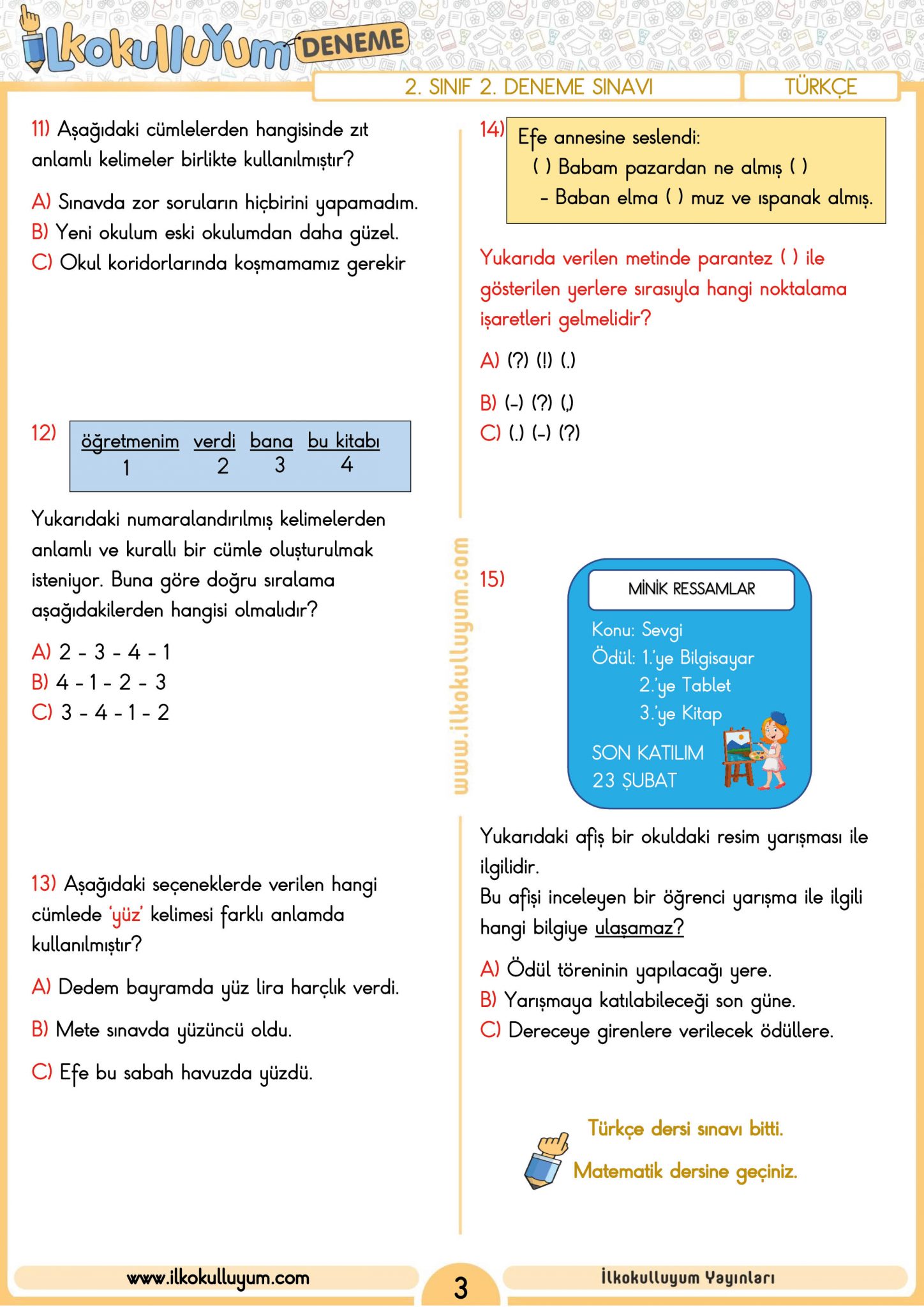 2. SINIF 2. DENEME SINAVI (ETKİLEŞİMLİ VE CEVAP ANAHTARLI) İlkokulluyum