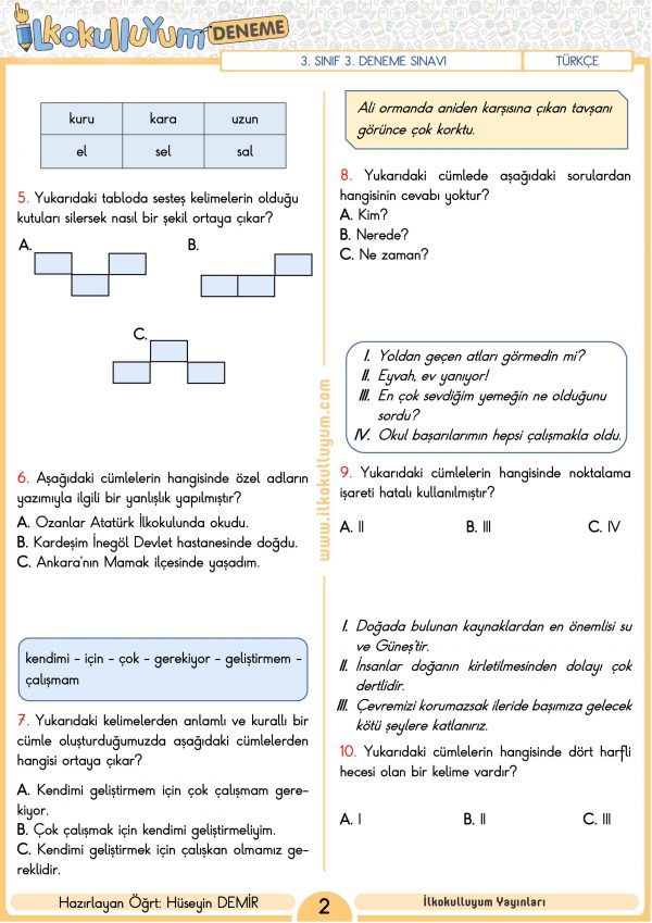 3. SINIF 3. DENEME SINAVI (ETKİLEŞİMLİ VE CEVAP ANAHTARLI) | İlkokulluyum