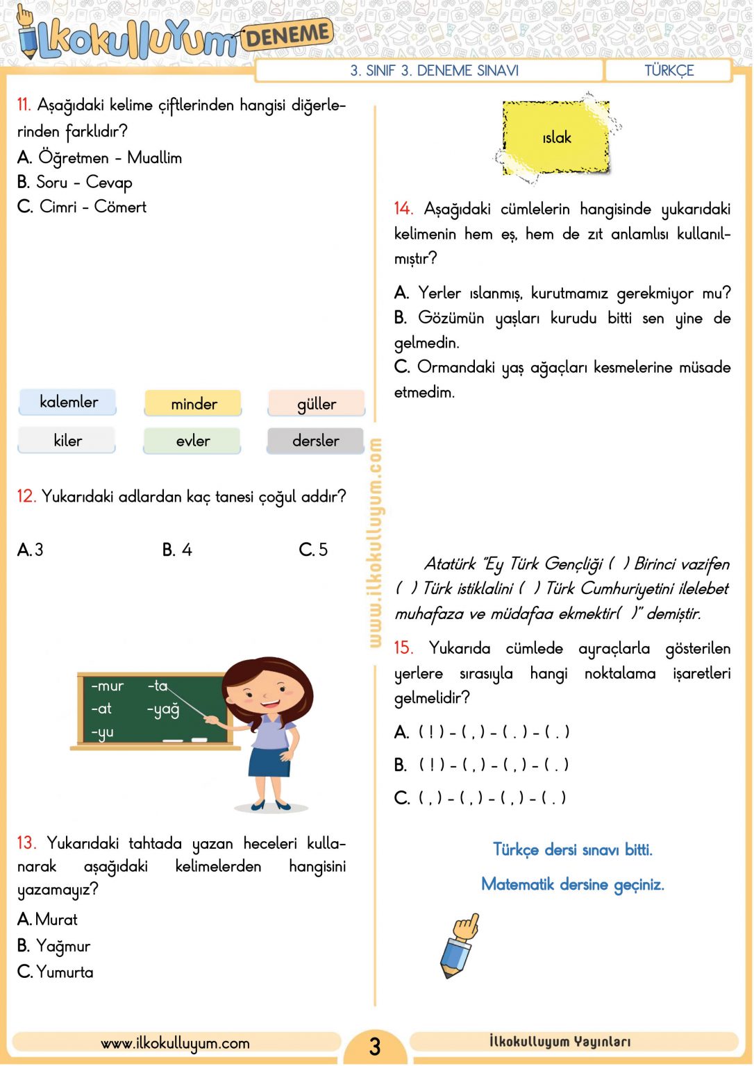 3. SINIF 3. DENEME SINAVI (ETKİLEŞİMLİ VE CEVAP ANAHTARLI) | İlkokulluyum