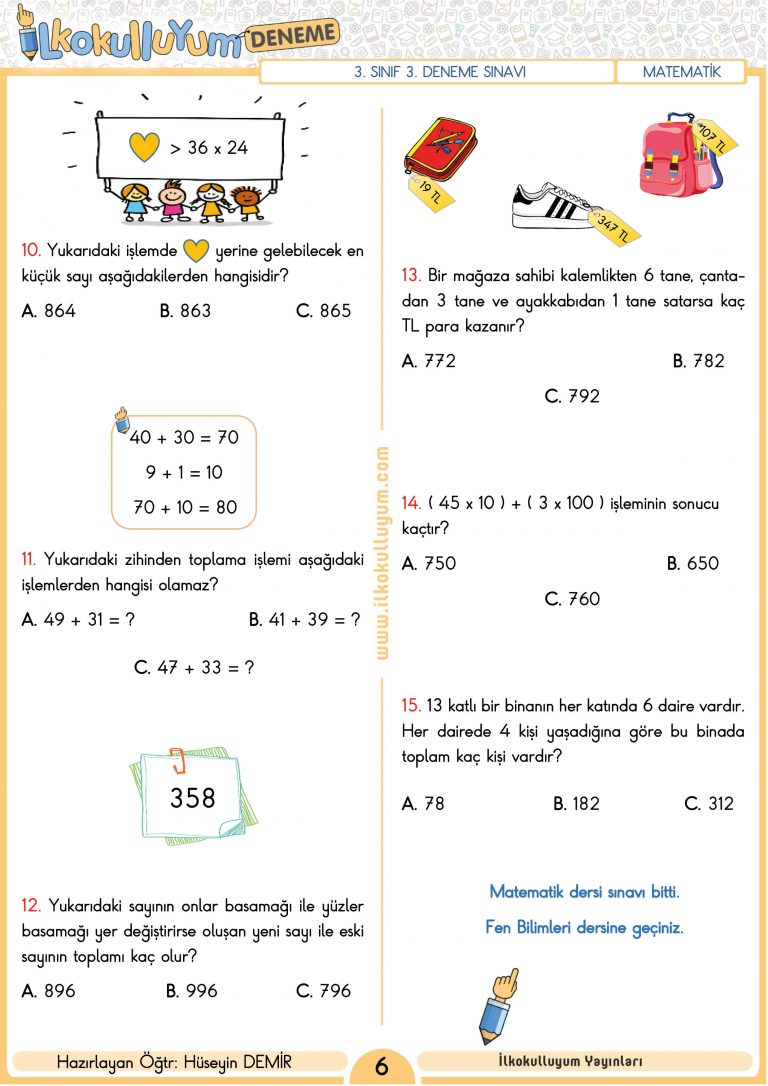 3. SINIF 3. DENEME SINAVI (ETKİLEŞİMLİ VE CEVAP ANAHTARLI) | İlkokulluyum