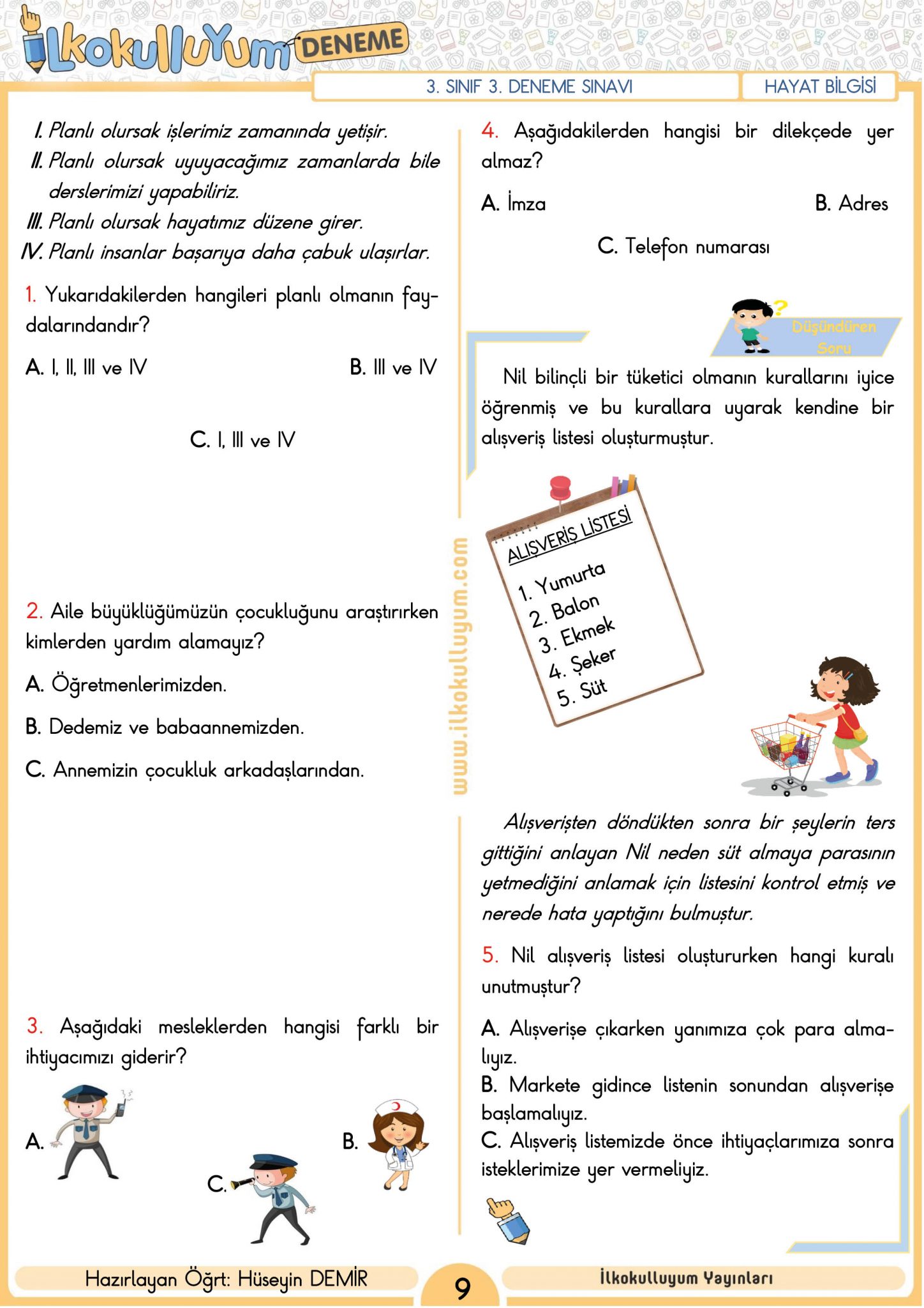 3. SINIF 3. DENEME SINAVI (ETKİLEŞİMLİ VE CEVAP ANAHTARLI) | İlkokulluyum