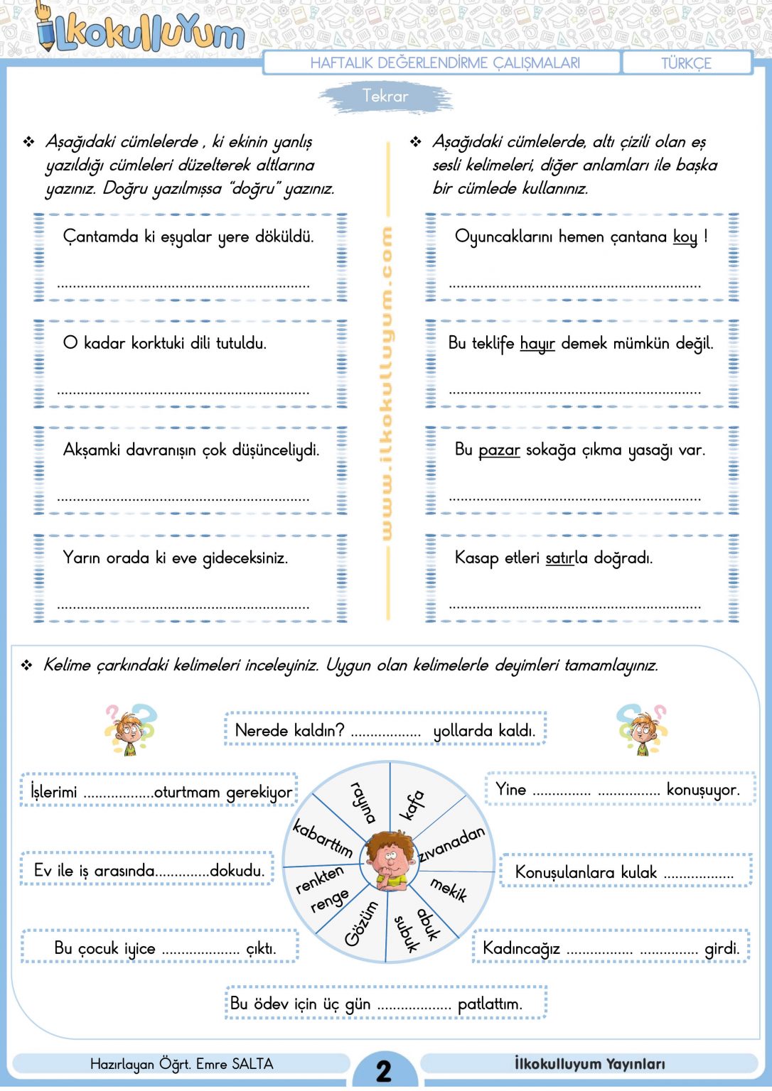 4. SINIF 20. HAFTA ÖDEVLERİ (ETKİLEŞİMLİ VE CEVAP ANAHTARLI) | İlkokulluyum