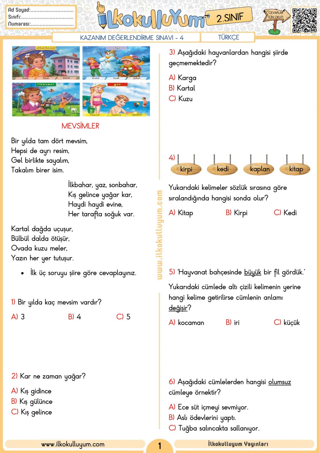 2. SINIF KAZANIM DEĞERLENDİRME TESTİ 4 (ETKİLEŞİMLİ VE CEVAP ANAHTARLI ...