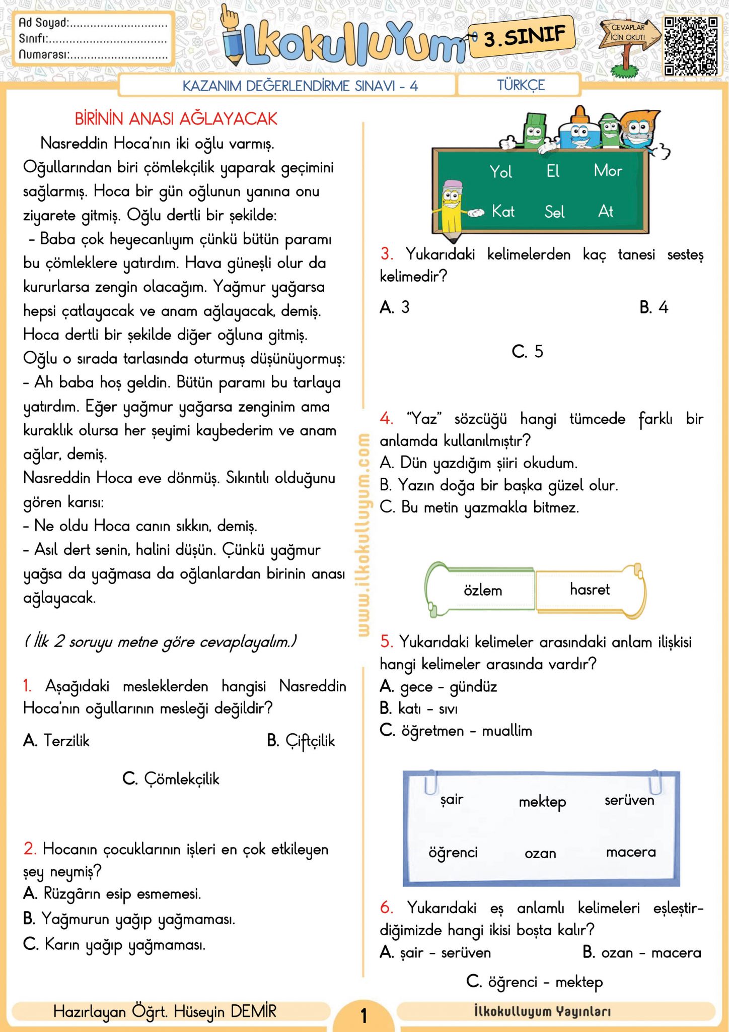 3. SINIF KAZANIM DEĞERLENDİRME TESTİ 4 (ETKİLEŞİMLİ VE CEVAP ANAHTARLI ...